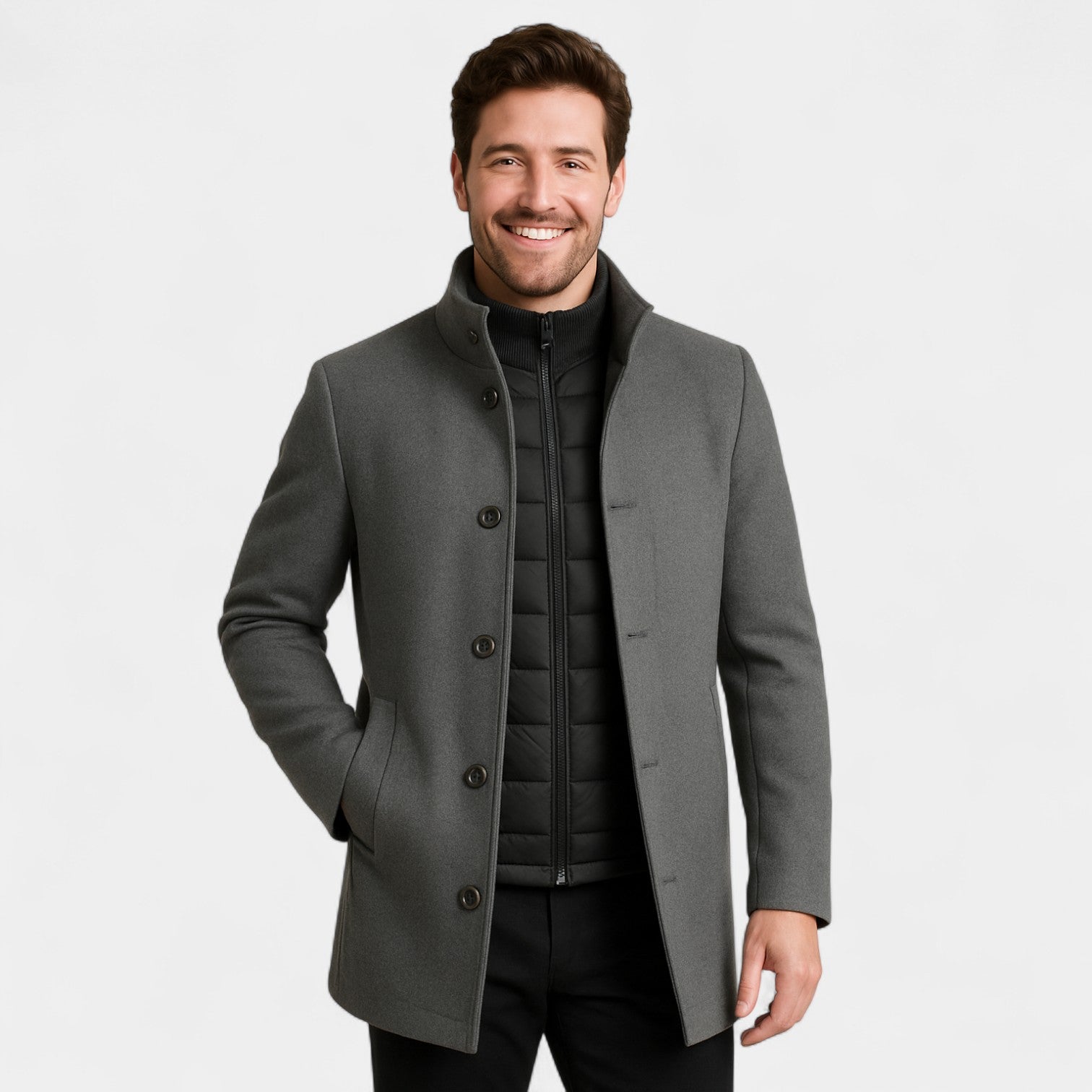 Manteau trench parka homme en mélange technique – col montant gilet amovible