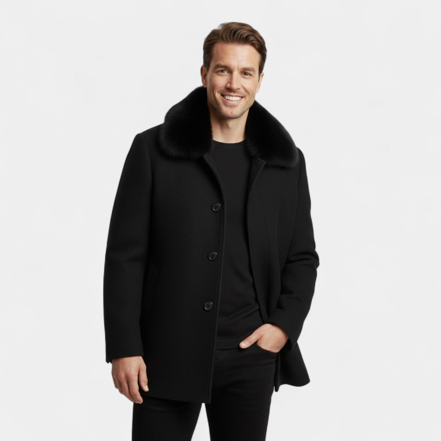 Manteau trench en laine homme col en fourrure
