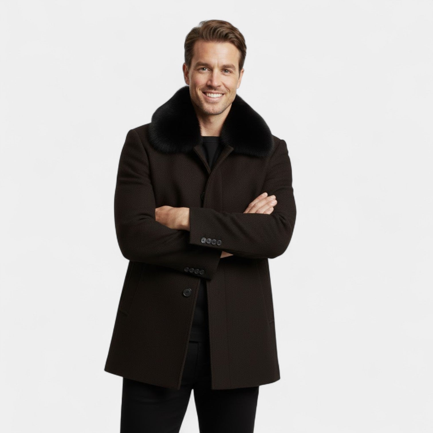 Manteau trench en laine homme col en fourrure